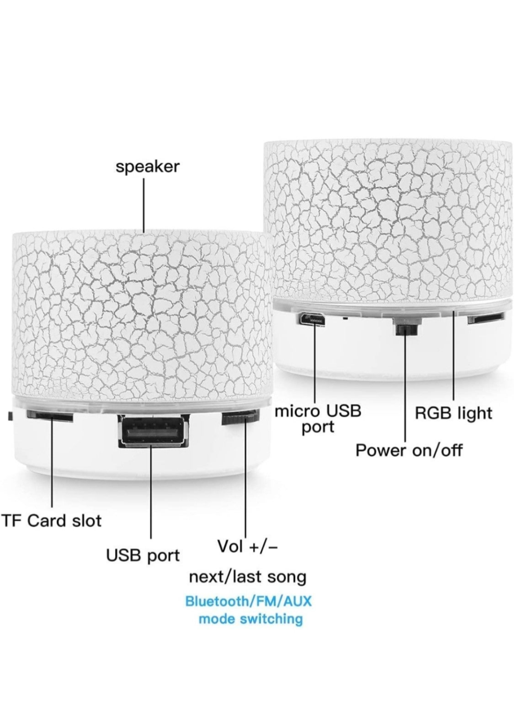 Mini Bluetooth speaker ports and controls