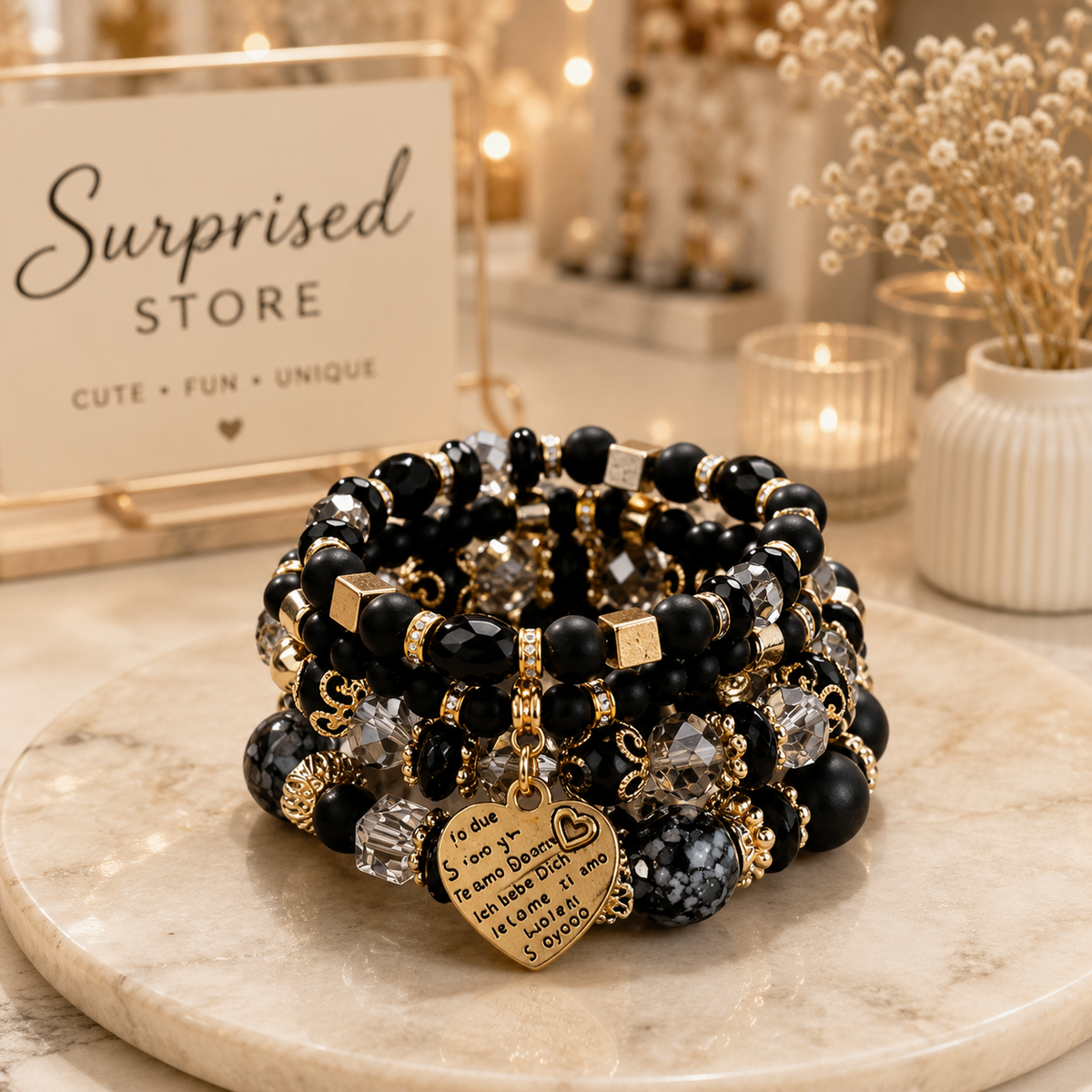 Black stacked beaded heart charm bracelet set