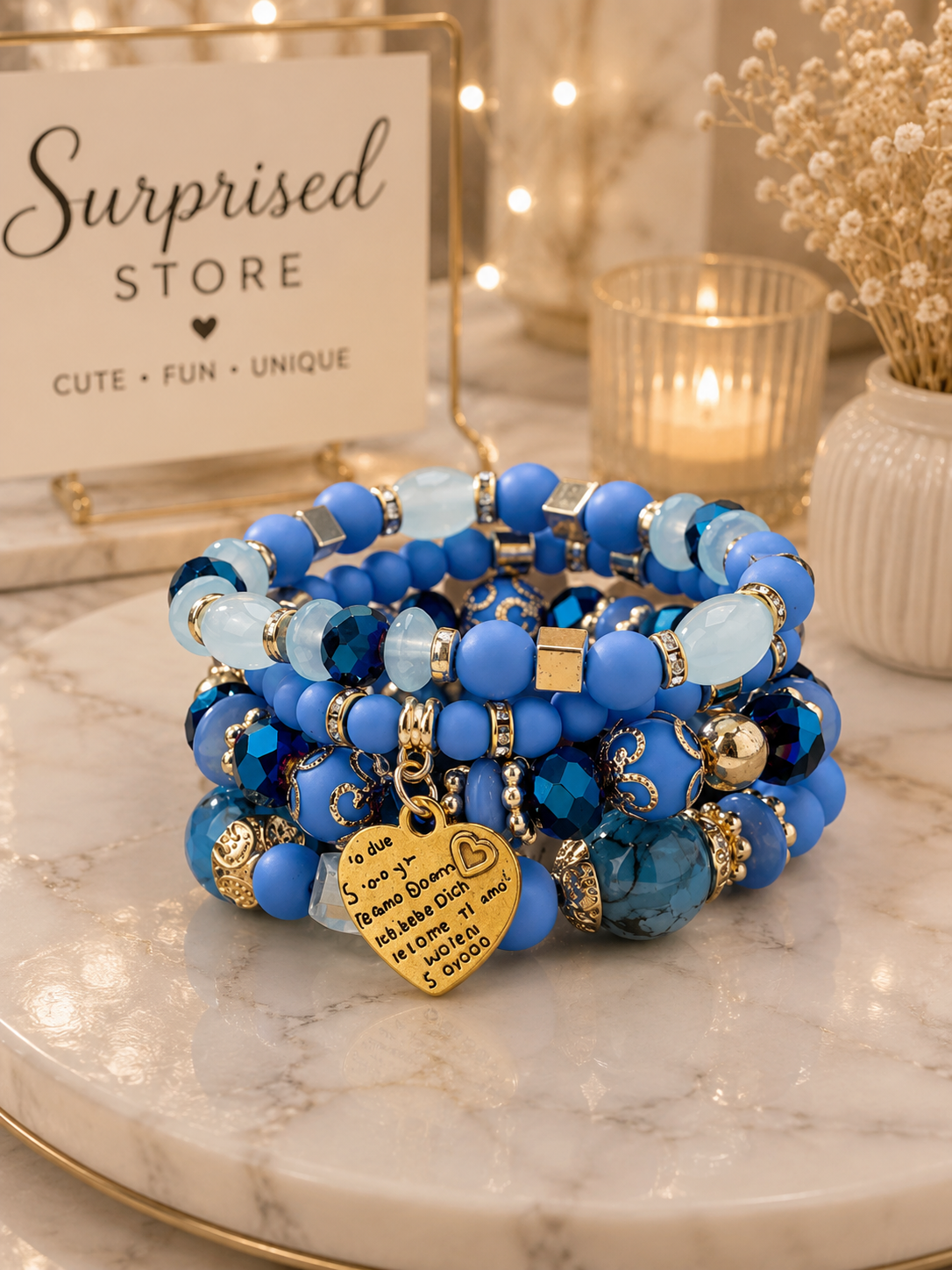 Blue stacked beaded heart charm bracelet set