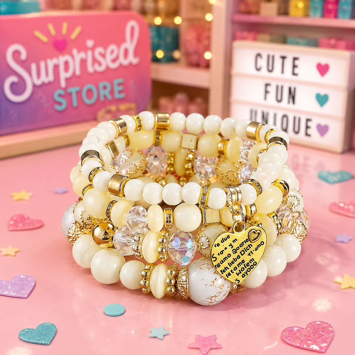 Cream stacked beaded heart charm bracelet set