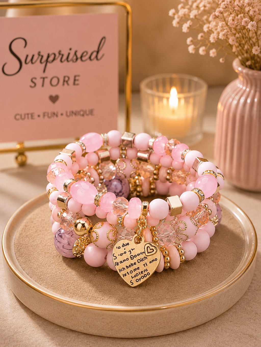 Light pink stacked beaded heart charm bracelet set