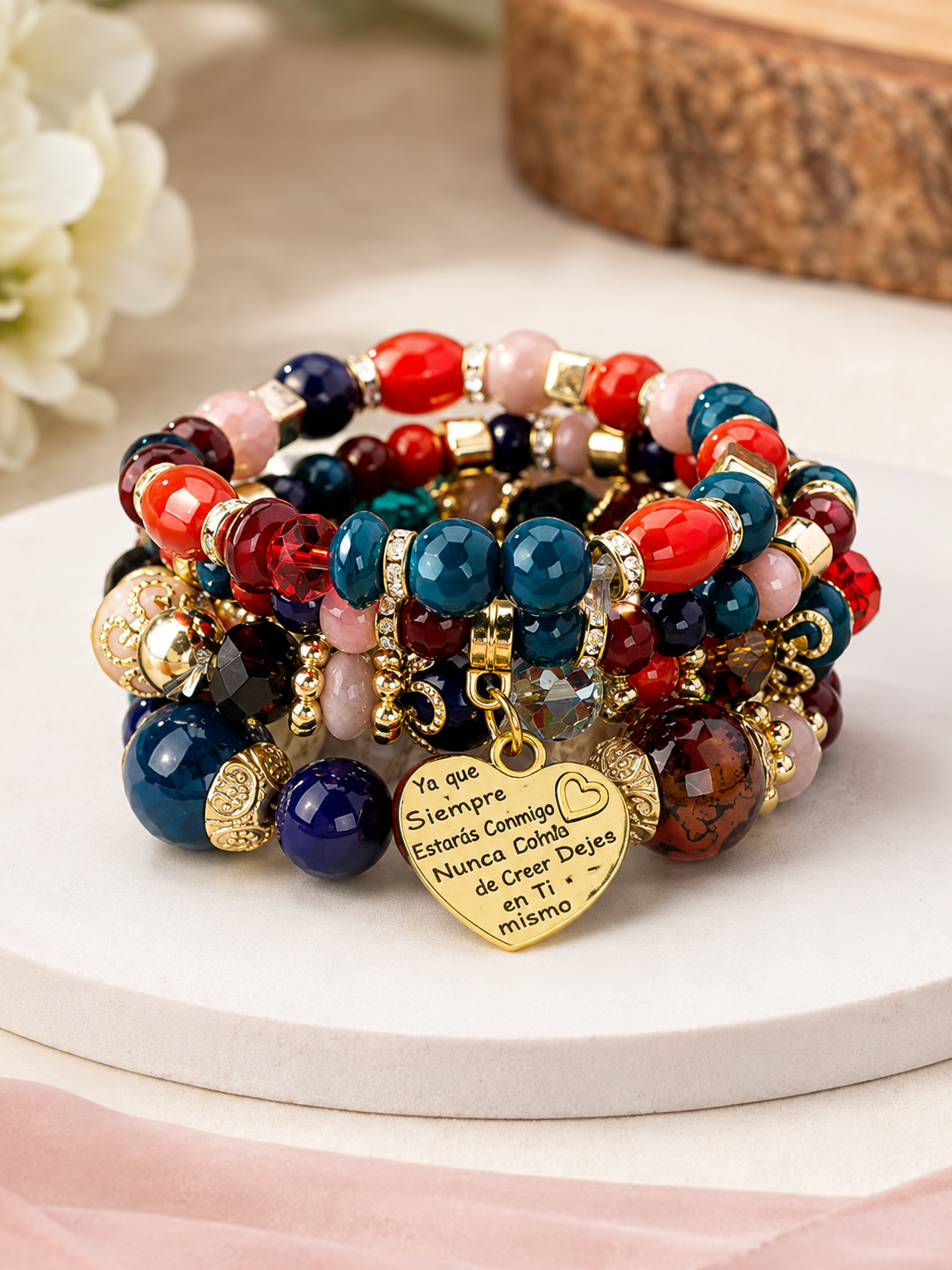 Multicolor stacked beaded heart charm bracelet set