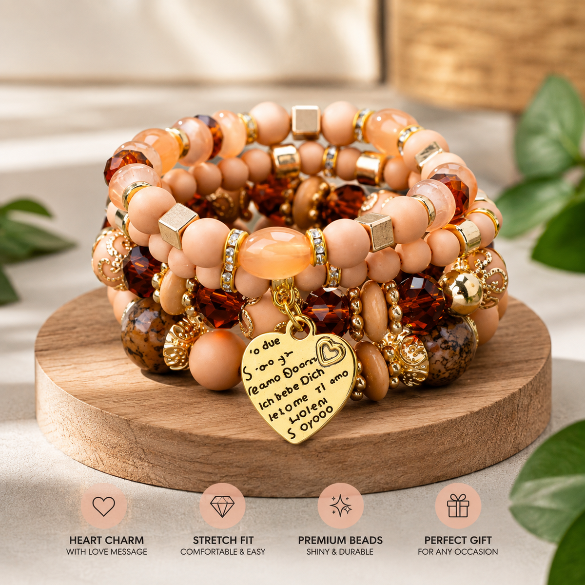 Peach stacked beaded heart charm bracelet set