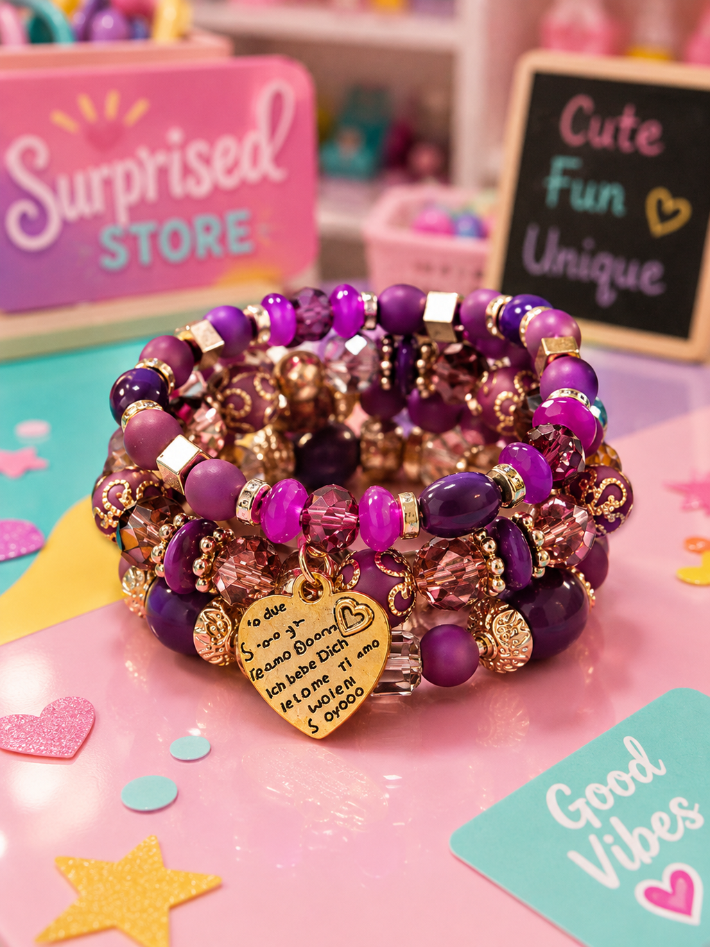 Purple stacked beaded heart charm bracelet set