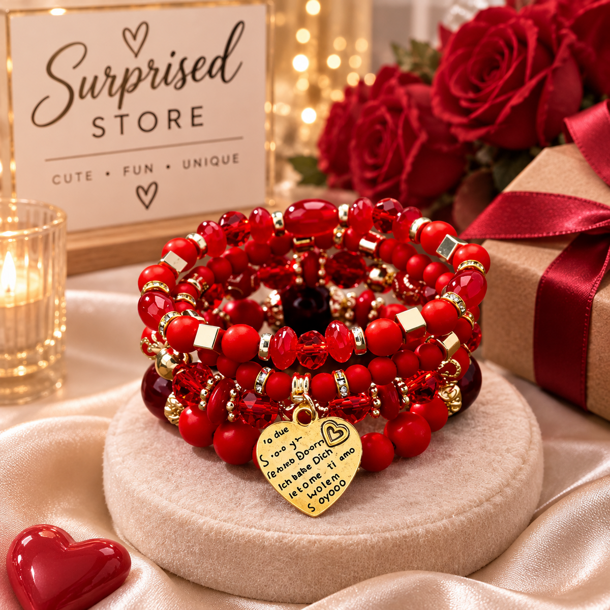 Red stacked beaded heart charm bracelet set