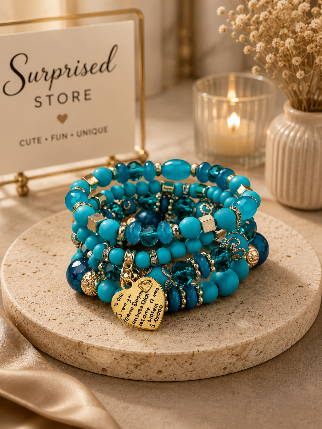 Turquoise stacked beaded heart charm bracelet set