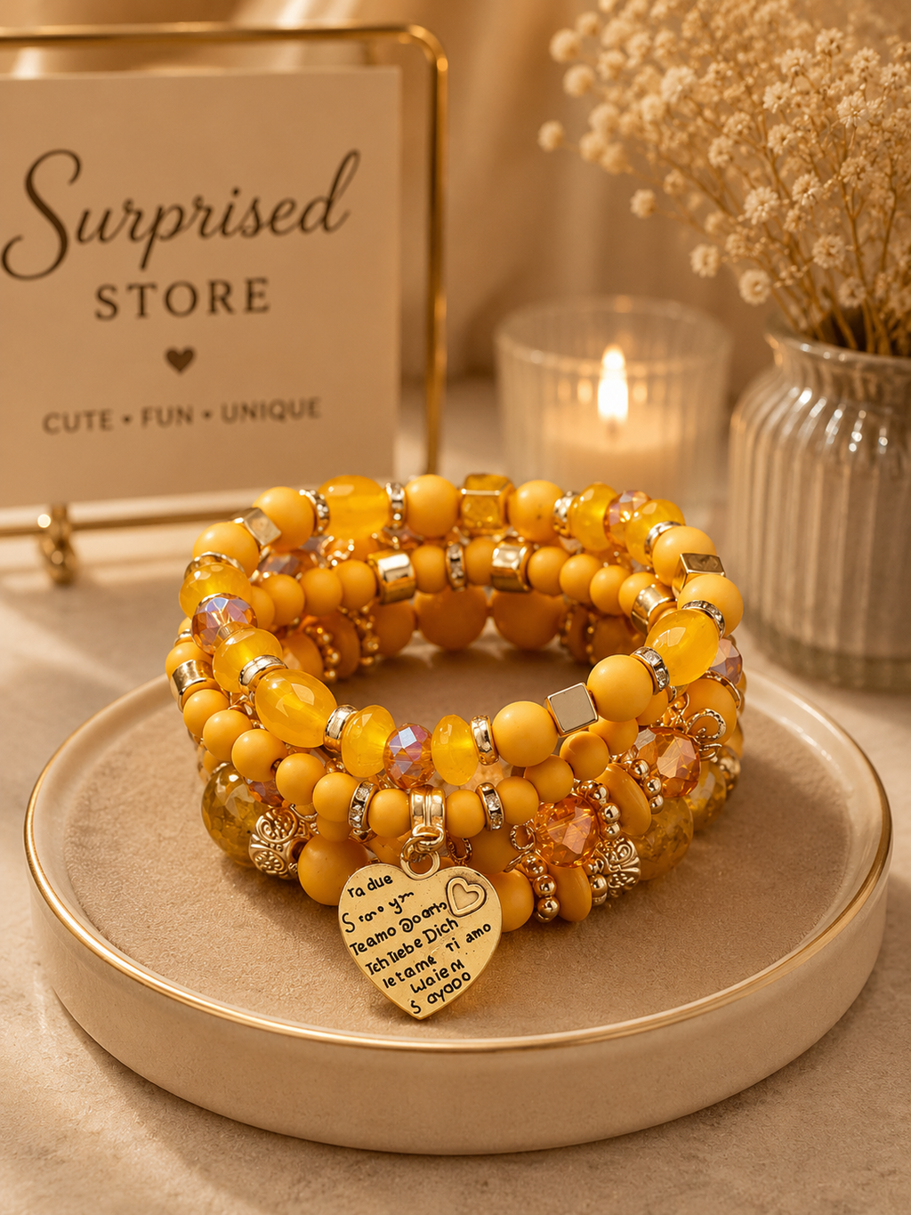 Yellow stacked beaded heart charm bracelet set
