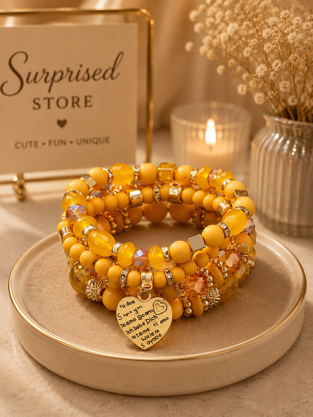 Yellow stacked beaded heart charm bracelet set