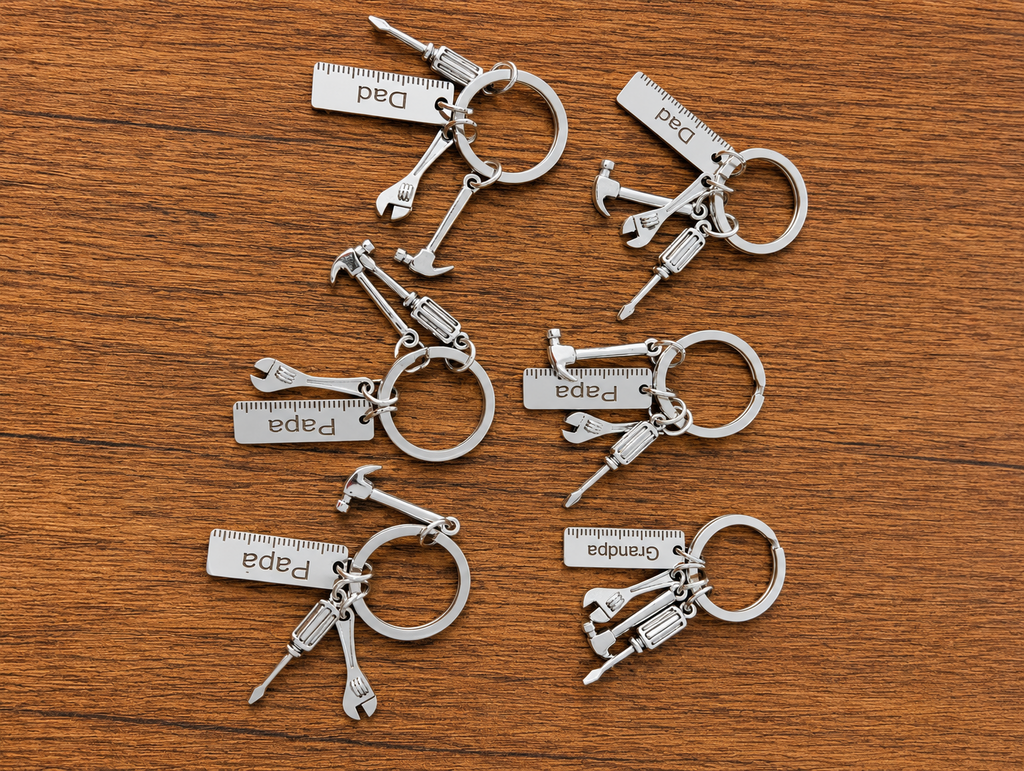 Silver Dad, Papa and Grandpa tool keychains with miniature tool charms