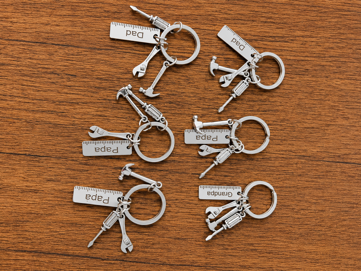 Silver Dad, Papa and Grandpa tool keychains with miniature tool charms