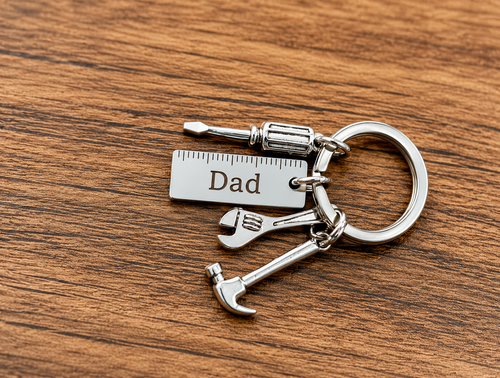 Silver Dad tool keychain with screwdriver, wrench and hammer charms
