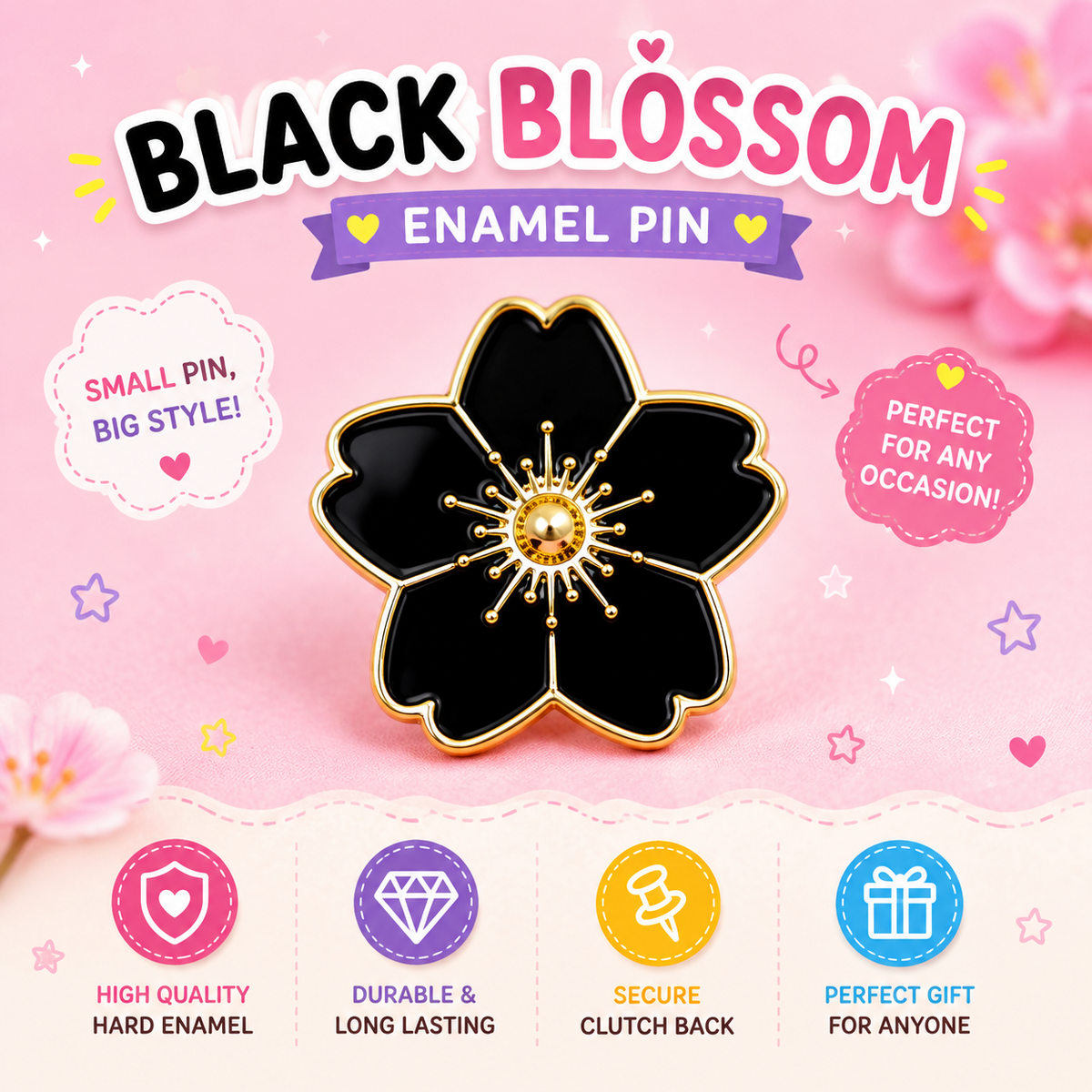 Black blossom enamel pin
