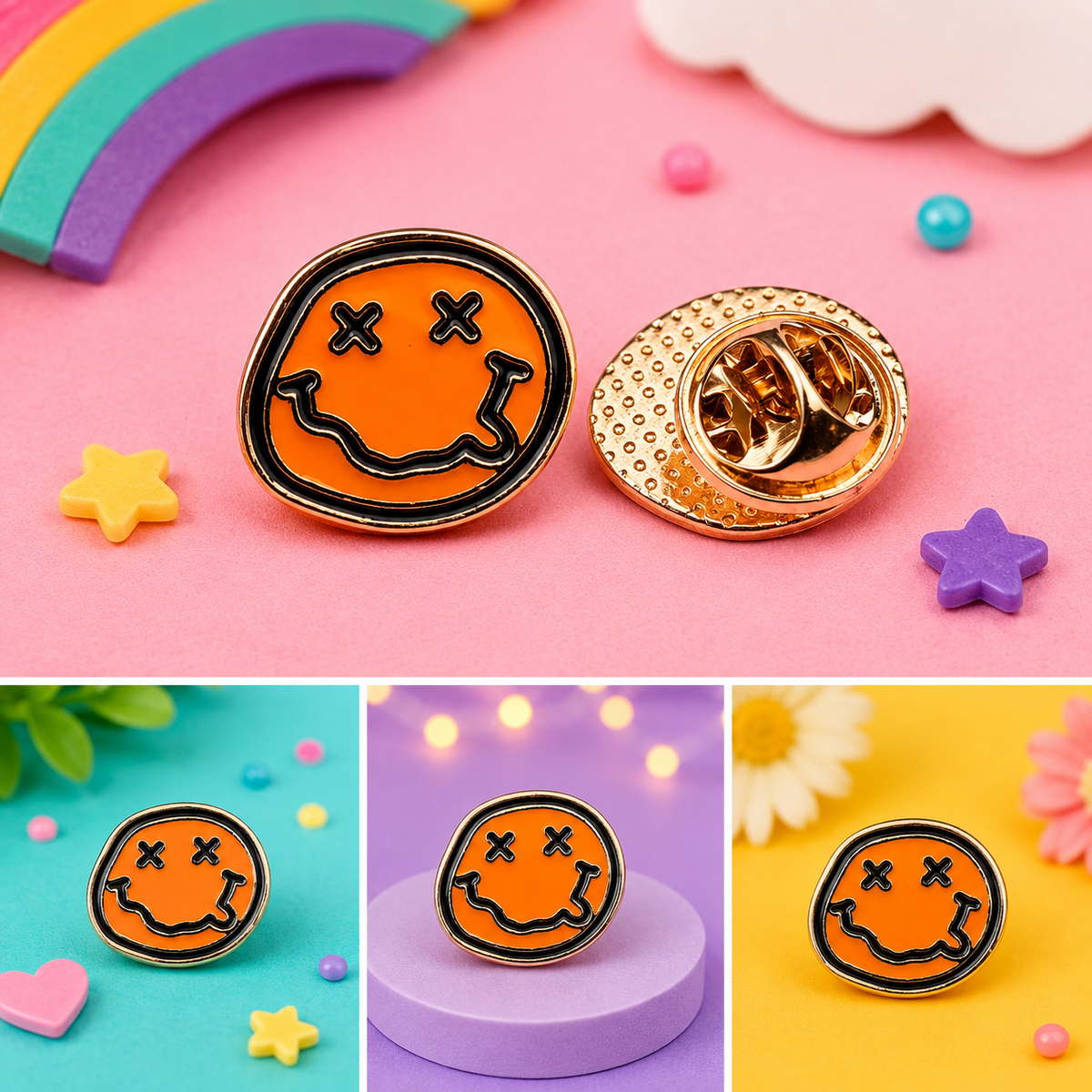 Orange smiley enamel pin
