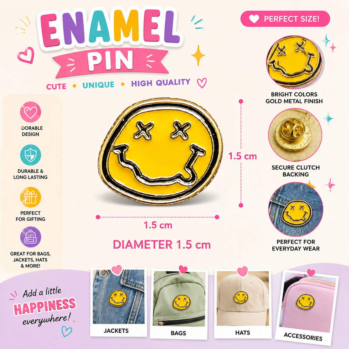 Yellow smiley enamel pin