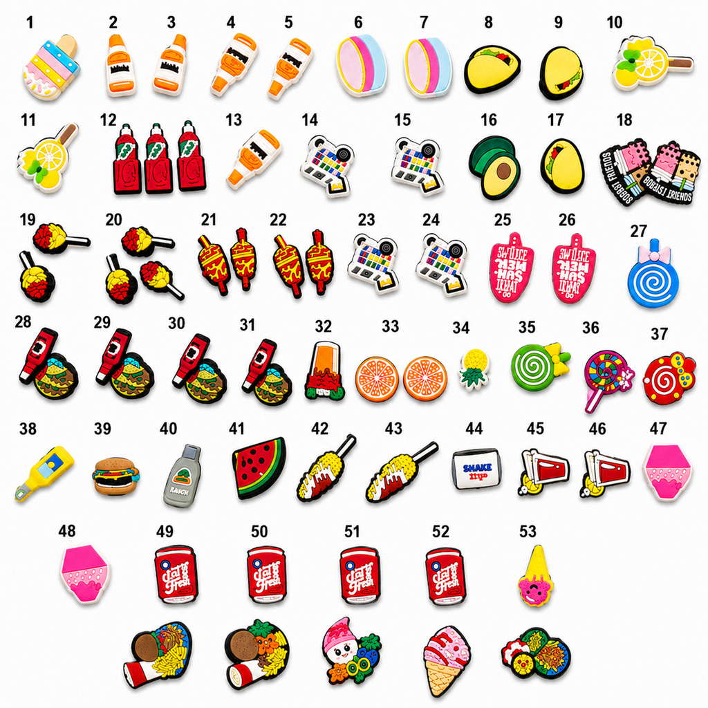 Food shoe charms numbered 1 through 53