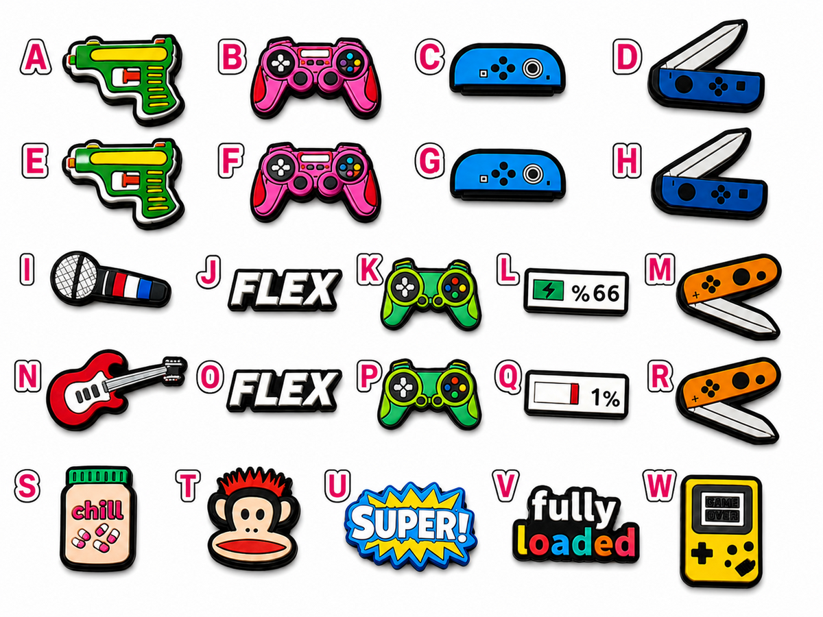Gamer shoe charms with letter choices A through W