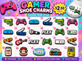 Colorful gamer shoe charms product poster with choices A through W and $2.50 each
