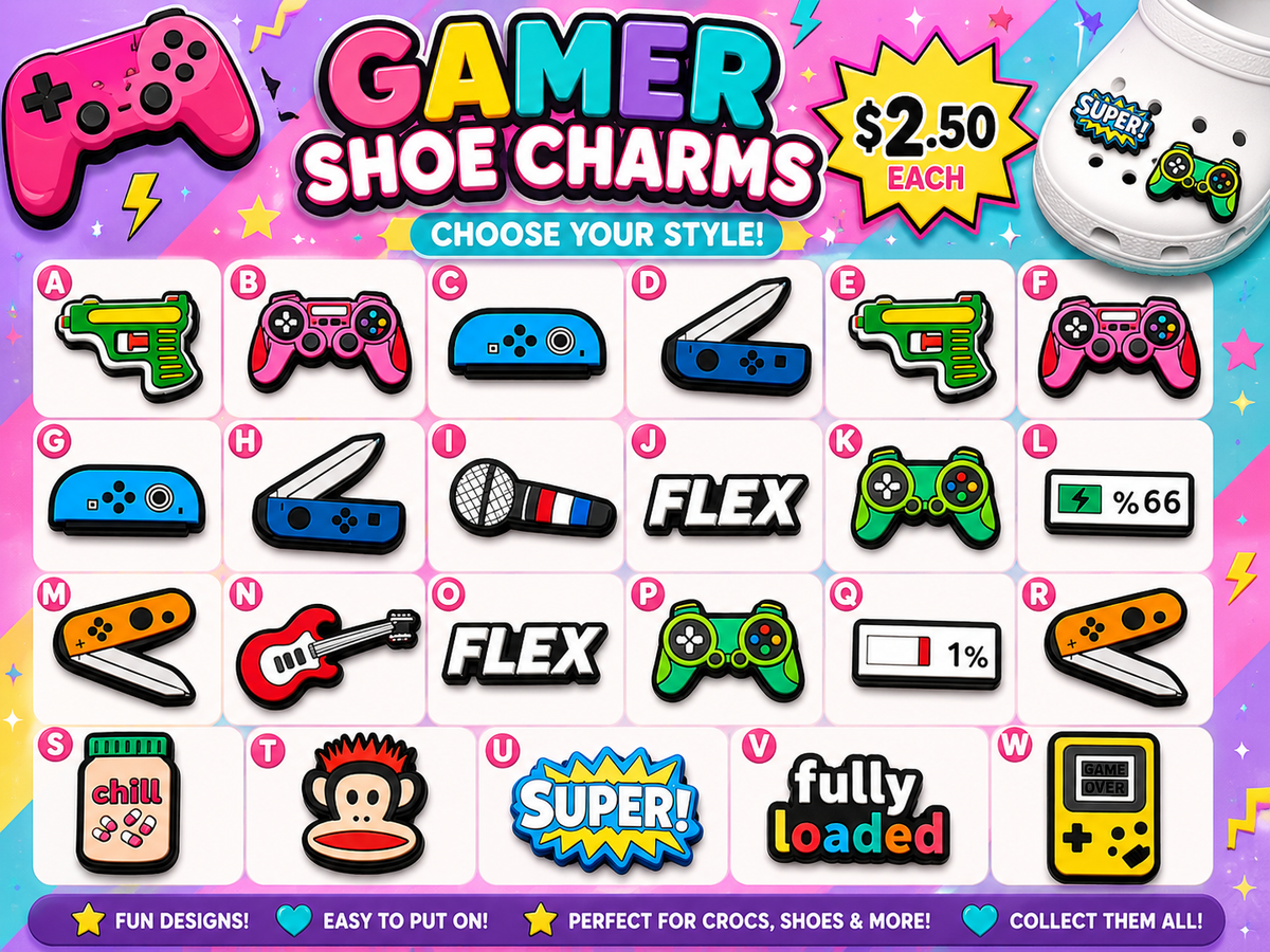 Colorful gamer shoe charms product poster with choices A through W and $2.50 each