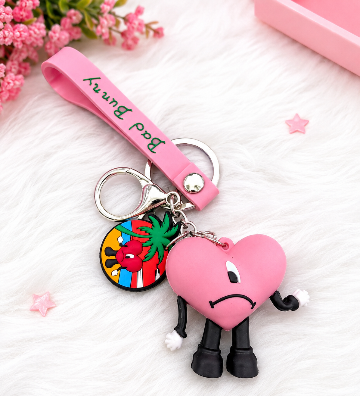 Pink Bad Bunny heart wrist strap keychain