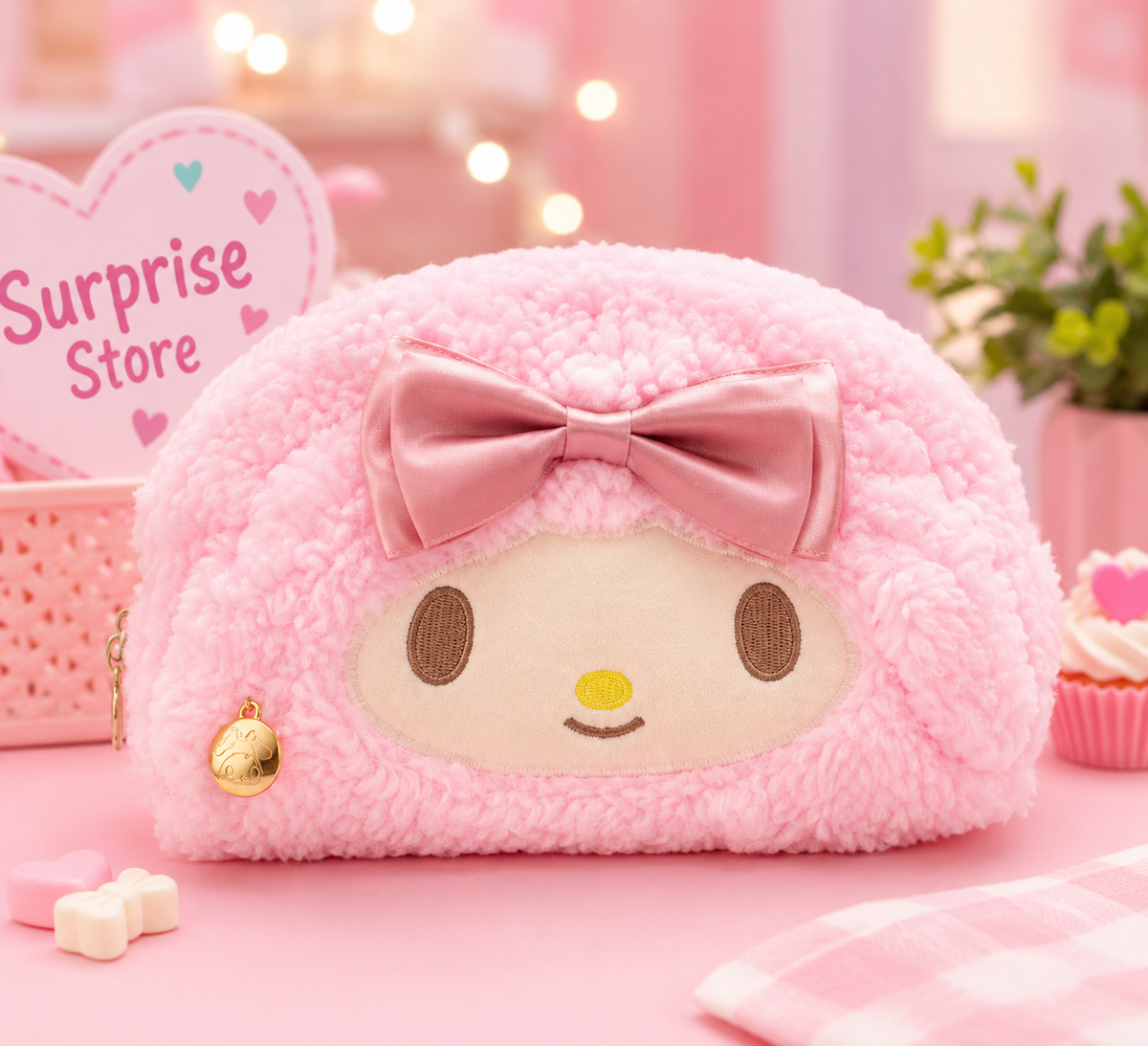 Pink plush bow pencil case styled for Surprised Store