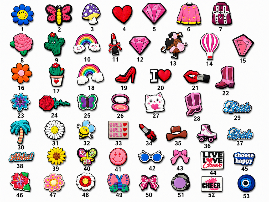 Numbered shoe charm designs 1 through 53