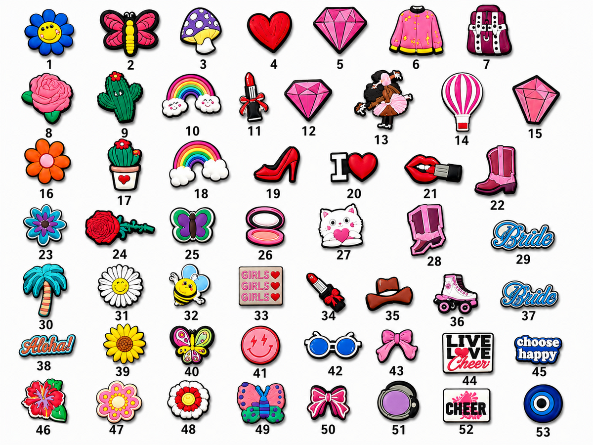 Numbered shoe charm designs 1 through 53