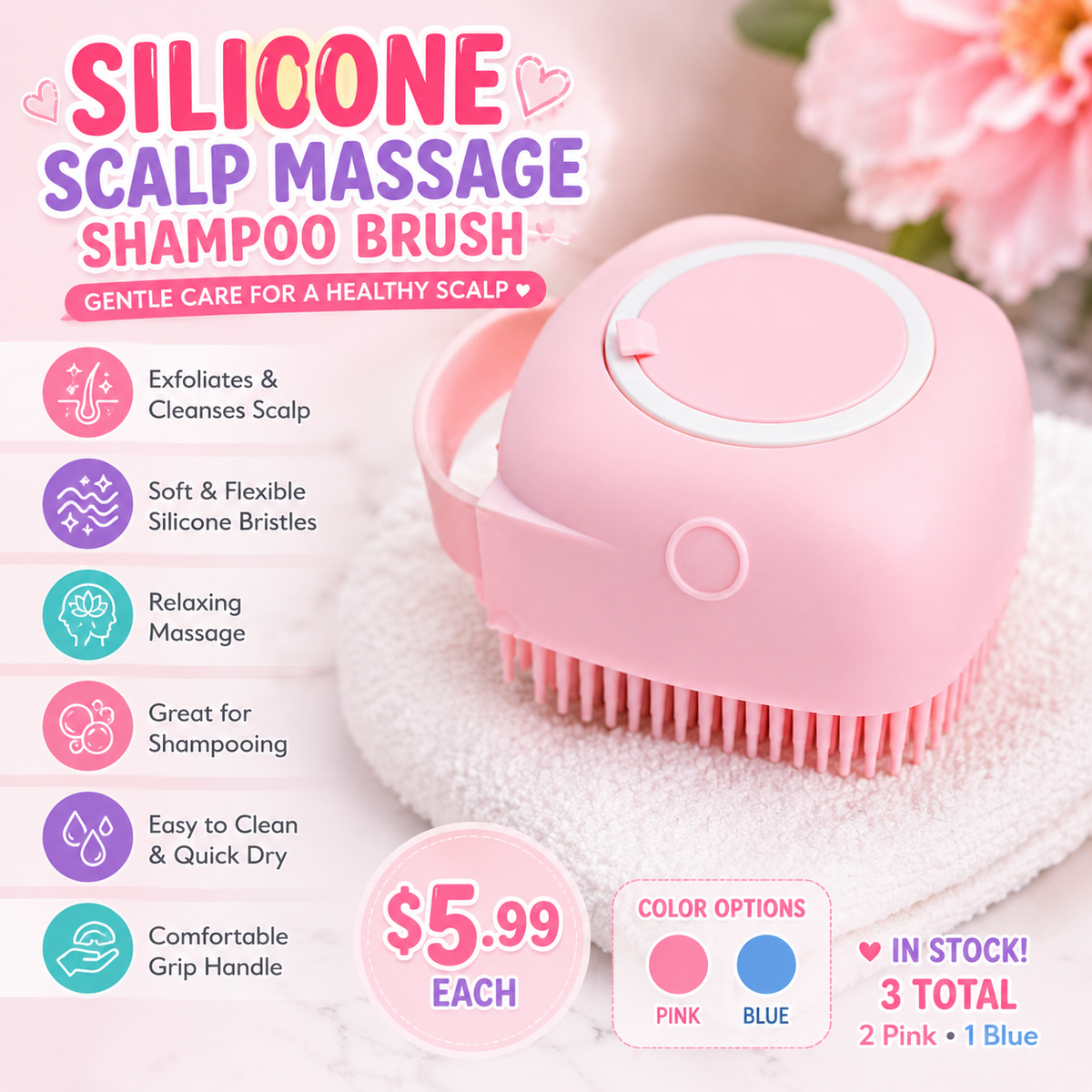Silicone scalp massage shampoo brush in pink and blue