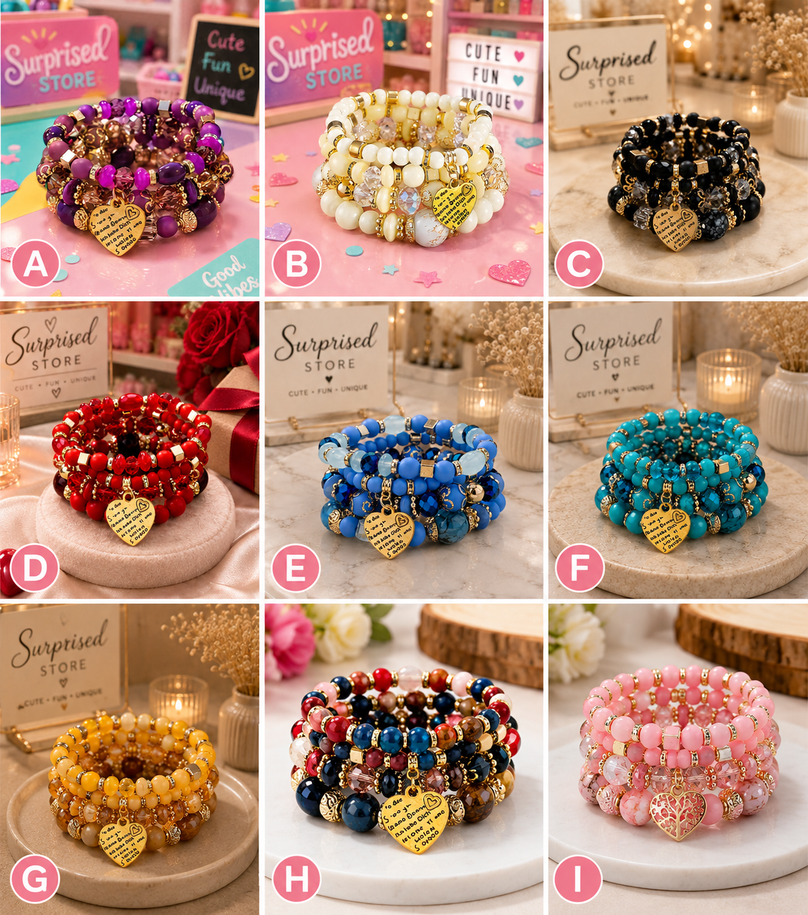 Surprised Store bracelet color options A through I